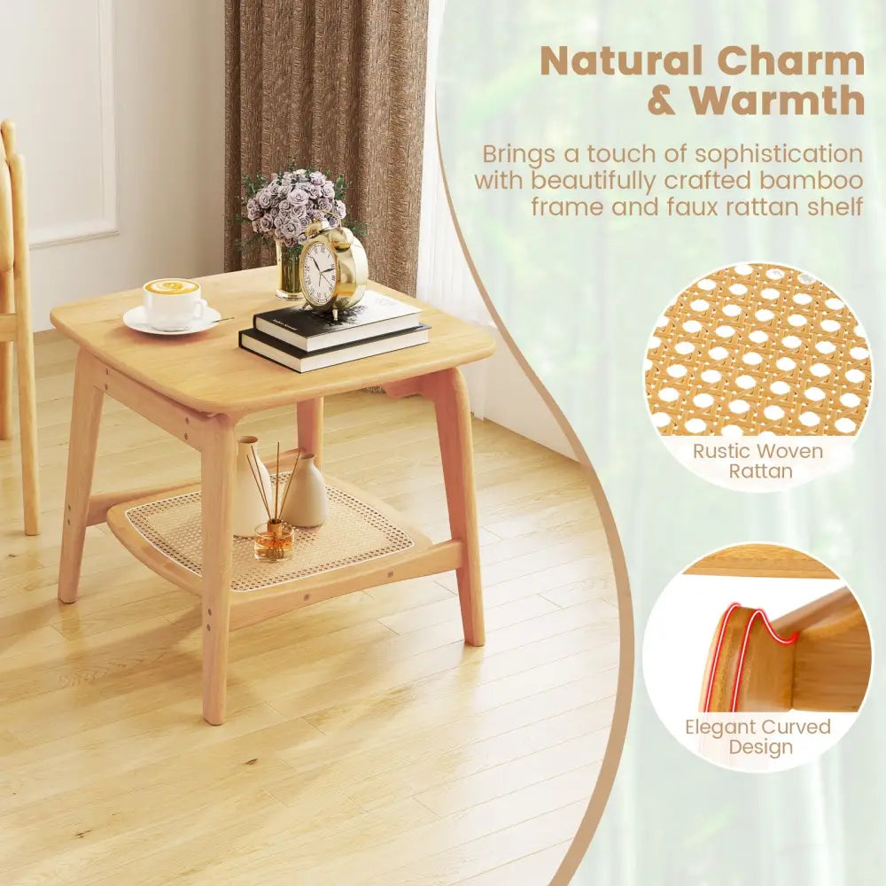 Boho Bamboo Sofa Side Table with Faux Rattan Storage Shelf-Natural - Natural - End & Side Tables