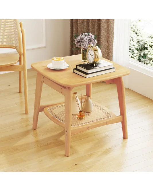 Boho Bamboo Sofa Side Table with Faux Rattan Storage Shelf-Natural - Natural - End & Side Tables
