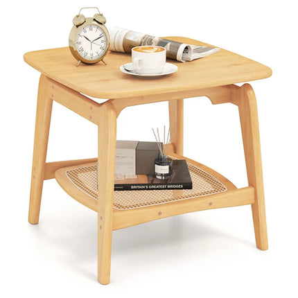 Boho Bamboo Sofa Side Table with Faux Rattan Storage Shelf-Natural - Natural - End & Side Tables