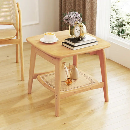 Boho Bamboo Sofa Side Table with Faux Rattan Storage Shelf-Natural - Natural - End & Side Tables