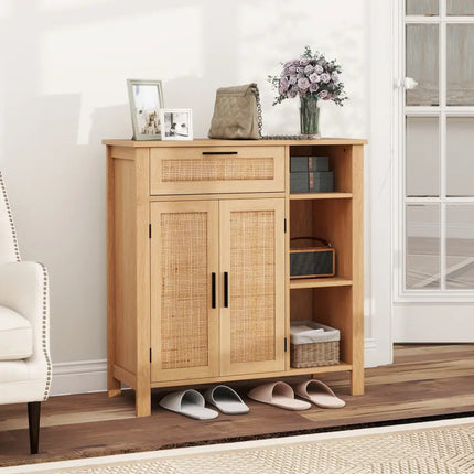 Boho Buffet Sideboard Storage Cabinet with Drawer and Rattan Woven Doors-Natural - Natural - Sideboards Cabinets &