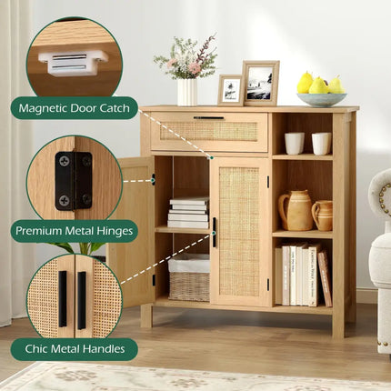 Boho Buffet Sideboard Storage Cabinet with Drawer and Rattan Woven Doors-Natural - Natural - Sideboards Cabinets &