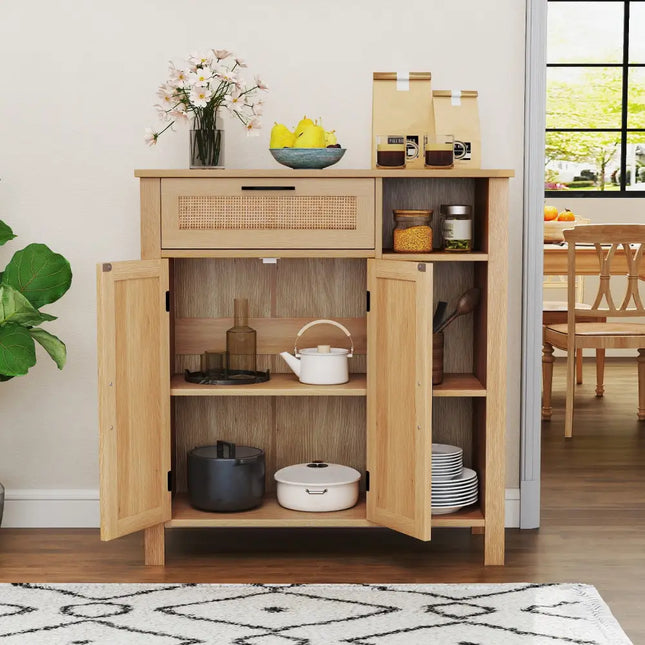 Boho Buffet Sideboard Storage Cabinet with Drawer and Rattan Woven Doors-Natural - Natural - Sideboards Cabinets &