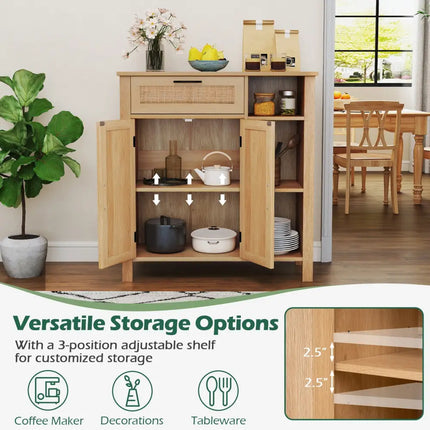 Boho Buffet Sideboard Storage Cabinet with Drawer and Rattan Woven Doors-Natural - Natural - Sideboards Cabinets &