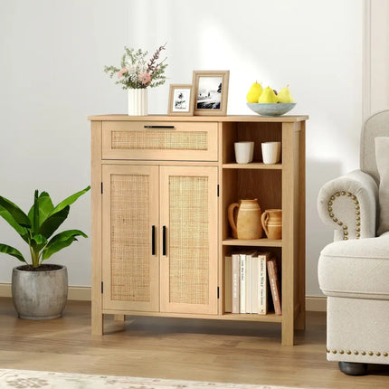 Boho Buffet Sideboard Storage Cabinet with Drawer and Rattan Woven Doors-Natural - Natural - Sideboards Cabinets &
