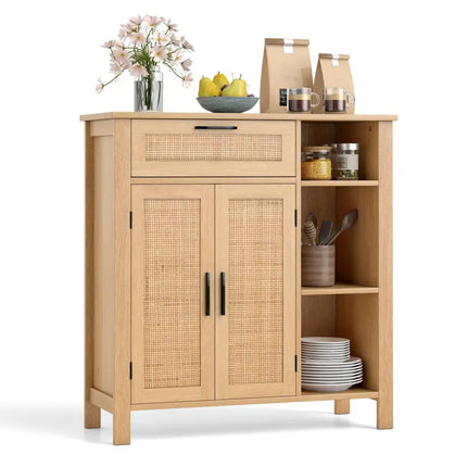 Boho Buffet Sideboard Storage Cabinet with Drawer and Rattan Woven Doors-Natural - Natural - Sideboards Cabinets &