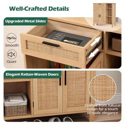 Boho Buffet Sideboard Storage Cabinet with Drawer and Rattan Woven Doors-Natural - Natural - Sideboards Cabinets &