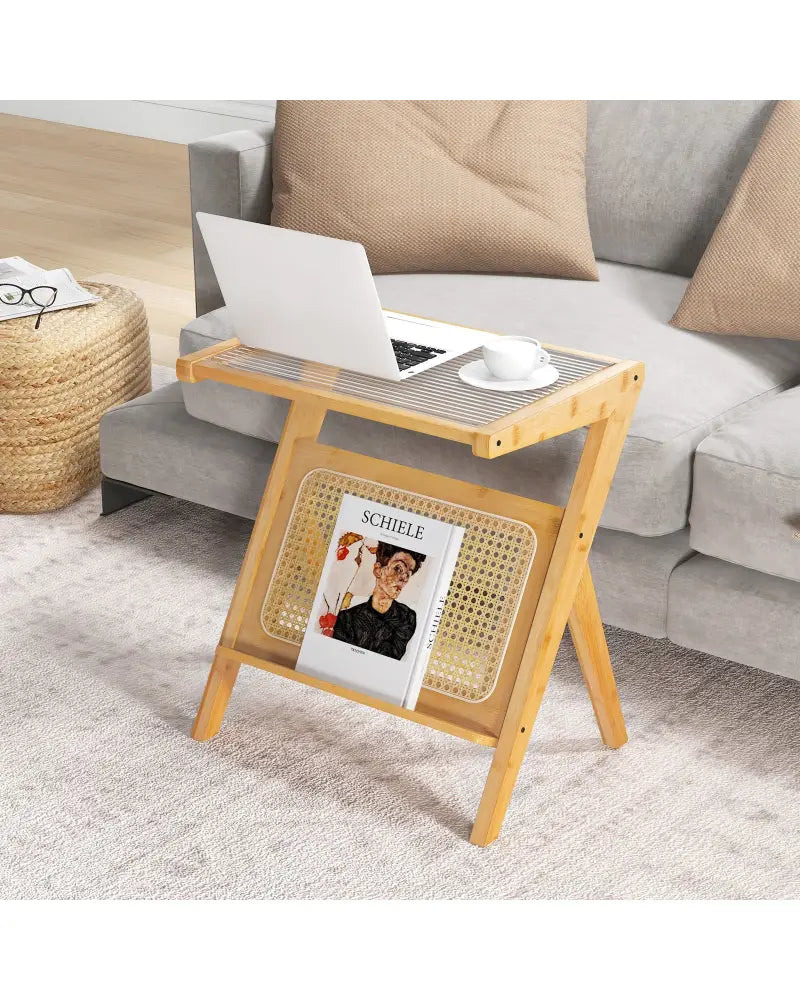 Boho End Table with Magazine Rack and Tempered Glass Top-Natural - Natural - End & Side Tables