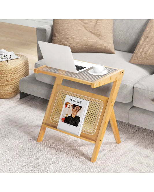 Boho End Table with Magazine Rack and Tempered Glass Top-Natural - Natural - End & Side Tables