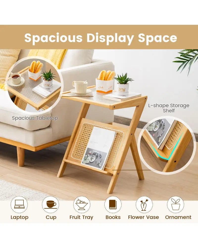 Boho End Table with Magazine Rack and Tempered Glass Top-Natural - Natural - End & Side Tables