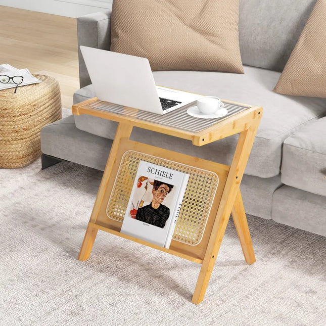 Boho End Table with Magazine Rack and Tempered Glass Top-Natural - Natural - End & Side Tables
