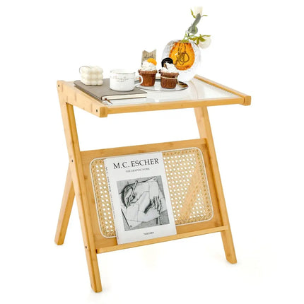 Boho End Table with Magazine Rack and Tempered Glass Top-Natural - Natural - End & Side Tables
