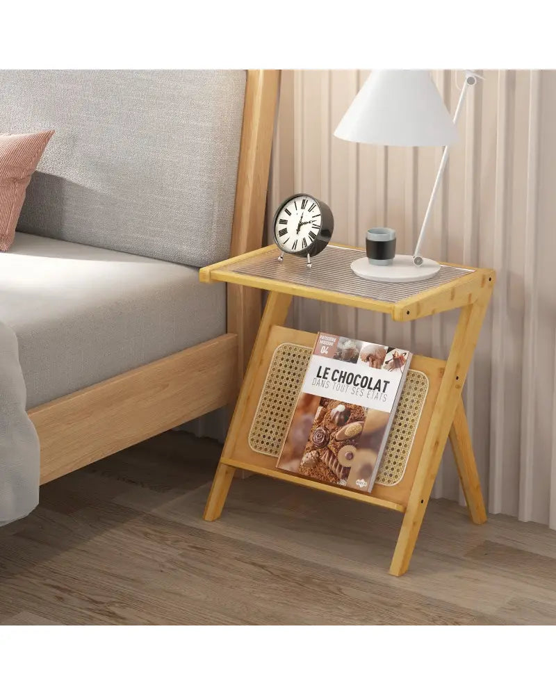 Boho End Table with Magazine Rack and Tempered Glass Top-Natural - Natural - End & Side Tables