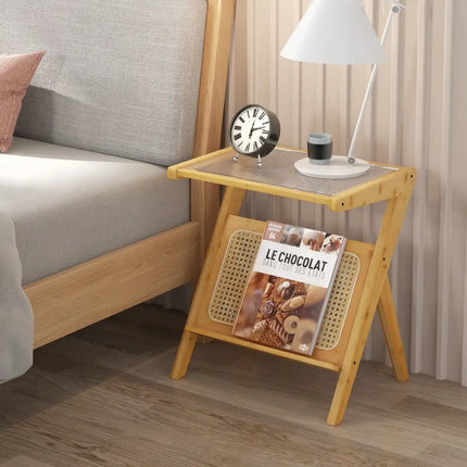 Boho End Table with Magazine Rack and Tempered Glass Top-Natural - Natural - End & Side Tables
