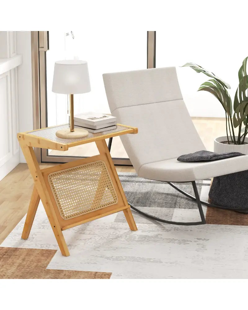Boho End Table with Magazine Rack and Tempered Glass Top-Natural - Natural - End & Side Tables