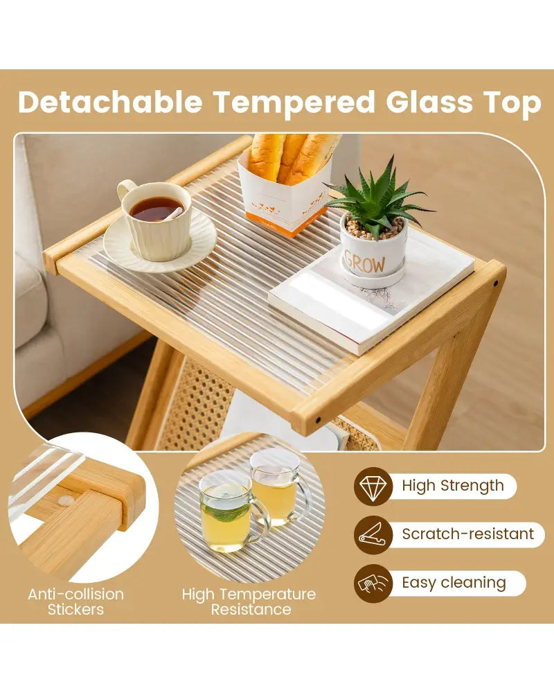 Boho End Table with Magazine Rack and Tempered Glass Top-Natural - Natural - End & Side Tables