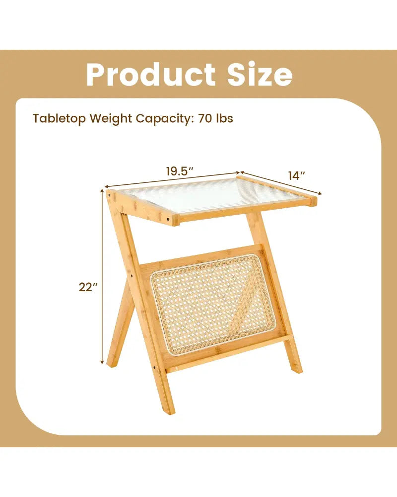 Boho End Table with Magazine Rack and Tempered Glass Top-Natural - Natural - End & Side Tables