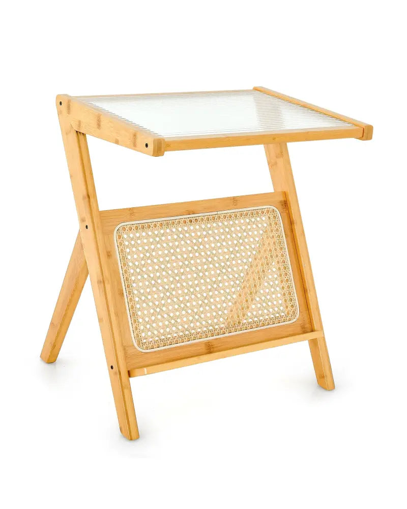 Boho End Table with Magazine Rack and Tempered Glass Top-Natural - Natural - End & Side Tables