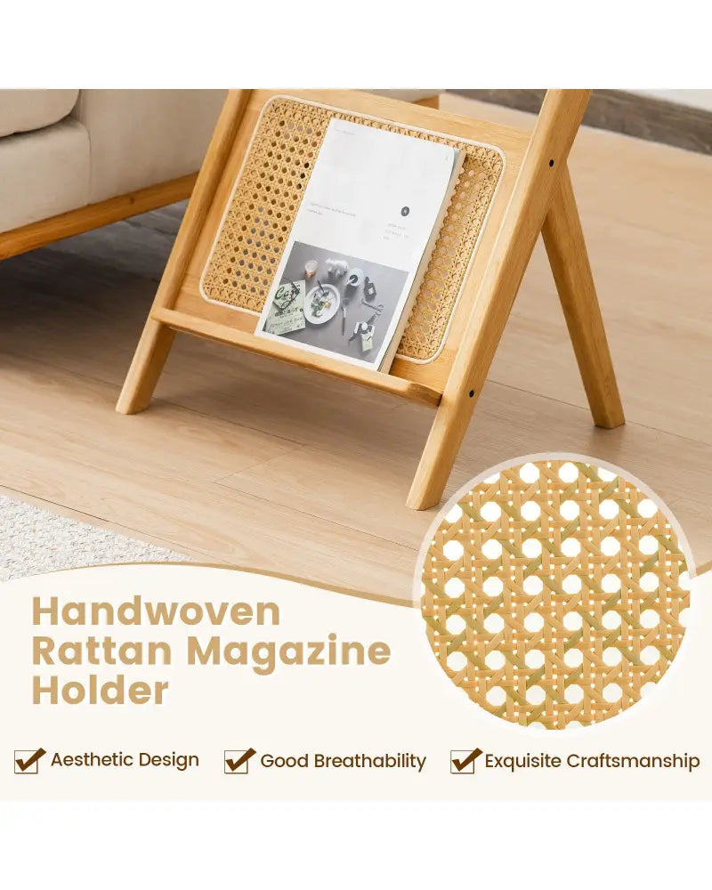 Boho End Table with Magazine Rack and Tempered Glass Top-Natural - Natural - End & Side Tables