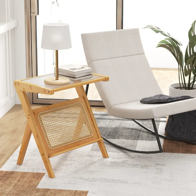 Boho End Table with Magazine Rack and Tempered Glass Top-Natural - Natural - End & Side Tables