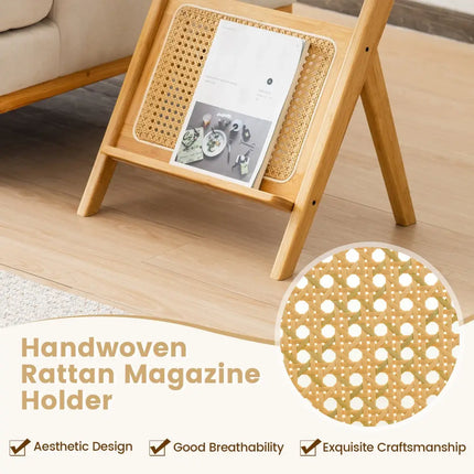 Boho End Table with Magazine Rack and Tempered Glass Top-Natural - Natural - End & Side Tables