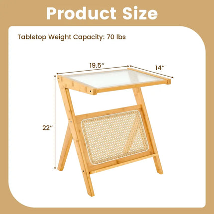 Boho End Table with Magazine Rack and Tempered Glass Top-Natural - Natural - End & Side Tables