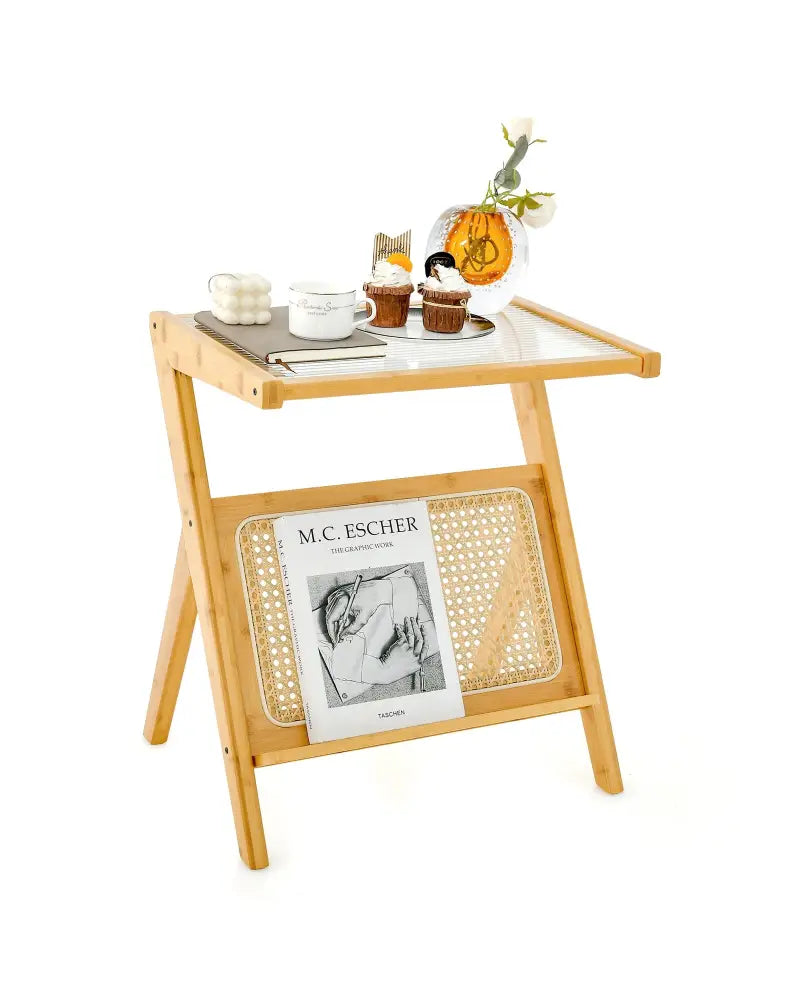 Boho End Table with Magazine Rack and Tempered Glass Top-Natural - Natural - End & Side Tables