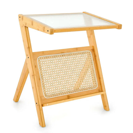 Boho End Table with Magazine Rack and Tempered Glass Top-Natural - Natural - End & Side Tables