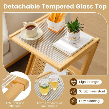 Boho End Table with Magazine Rack and Tempered Glass Top-Natural - Natural - End & Side Tables