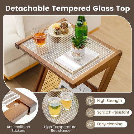 Boho End Table with Magazine Rack and Tempered Glass Top-Walnut - Walnut - End & Side Tables