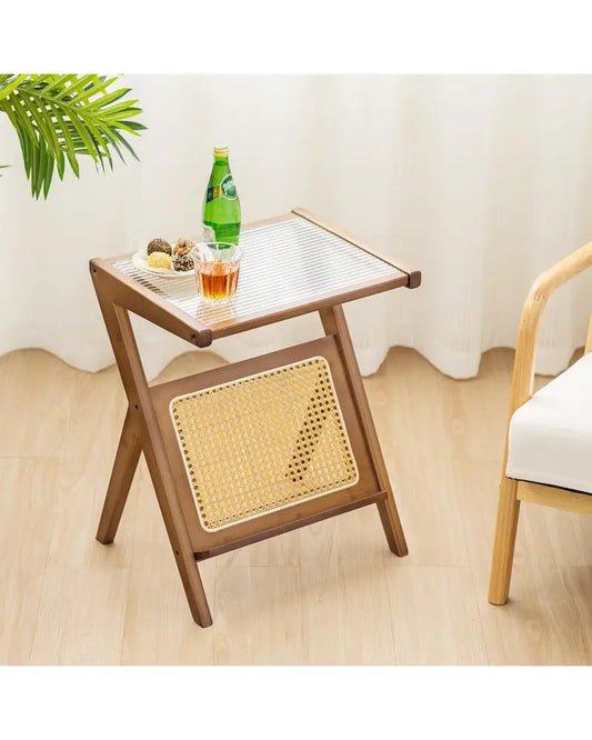 Boho End Table with Magazine Rack and Tempered Glass Top-Walnut - Walnut - End & Side Tables