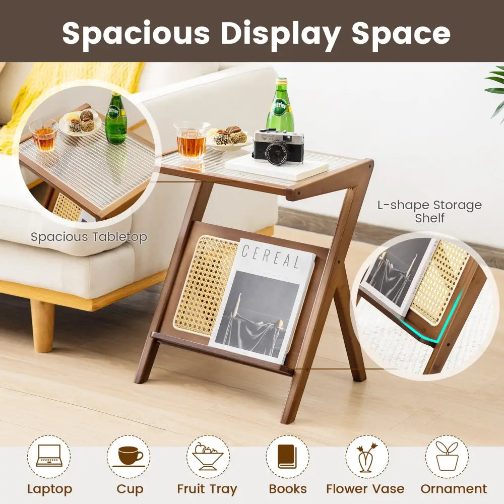 Boho End Table with Magazine Rack and Tempered Glass Top-Walnut - Walnut - End & Side Tables