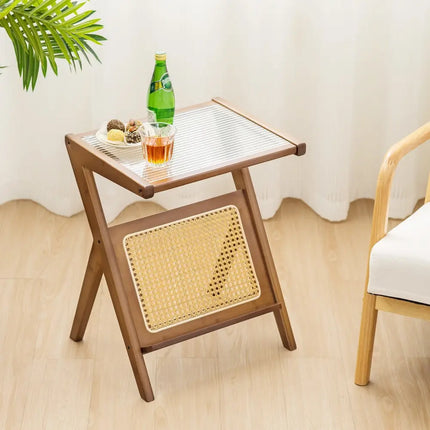 Boho End Table with Magazine Rack and Tempered Glass Top-Walnut - Walnut - End & Side Tables