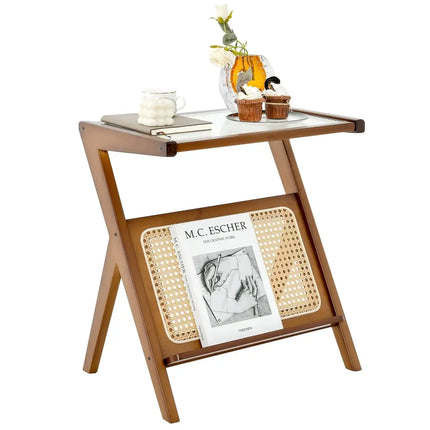 Boho End Table with Magazine Rack and Tempered Glass Top-Walnut - Walnut - End & Side Tables