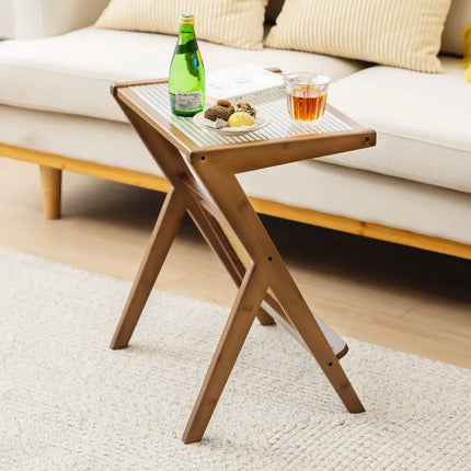 Boho End Table with Magazine Rack and Tempered Glass Top-Walnut - Walnut - End & Side Tables