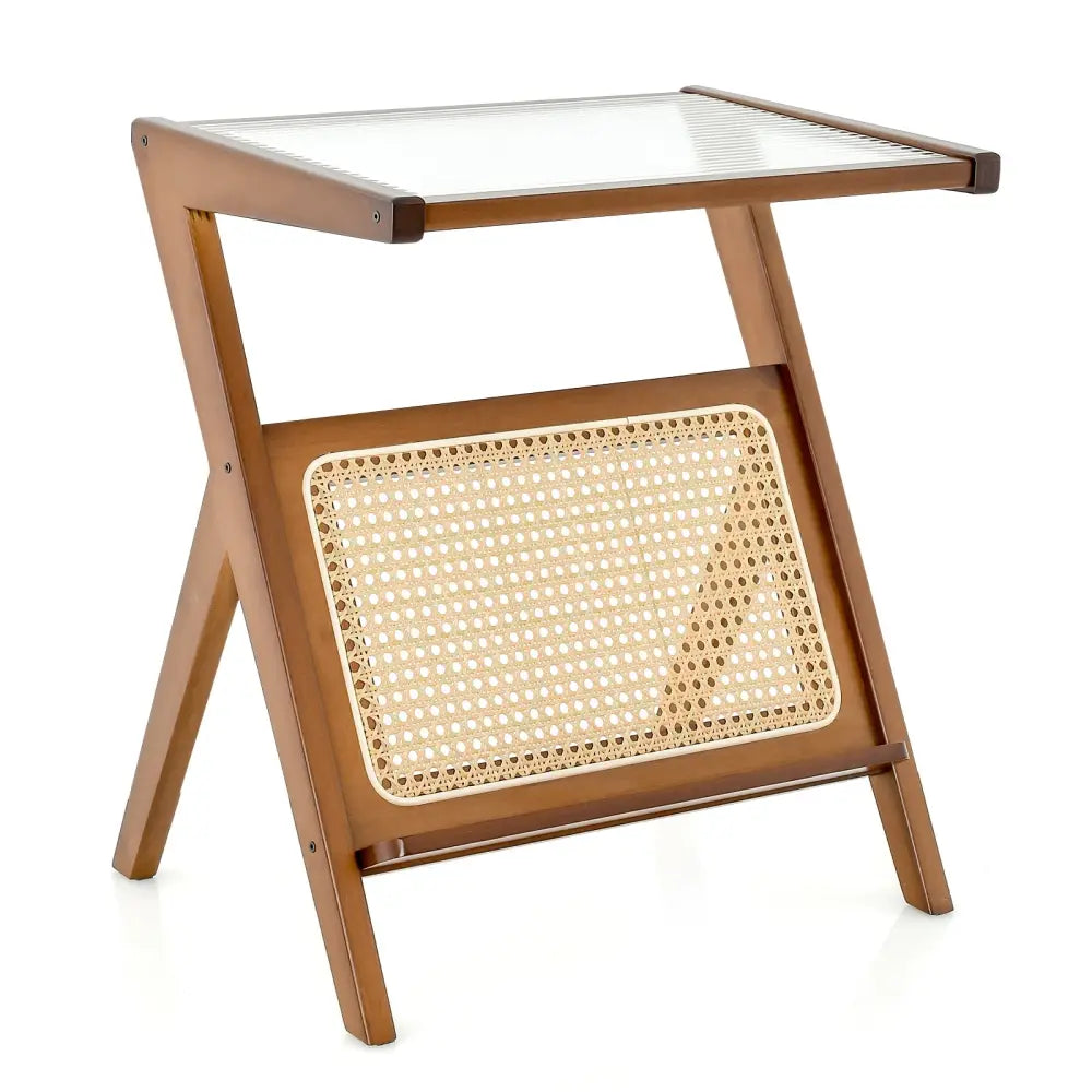 Boho End Table with Magazine Rack and Tempered Glass Top-Walnut - Walnut - End & Side Tables