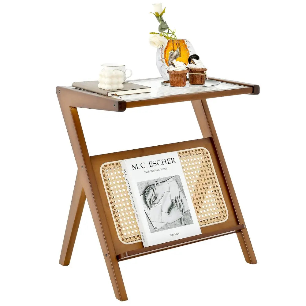 Boho End Table with Magazine Rack and Tempered Glass Top-Walnut - Walnut - End & Side Tables