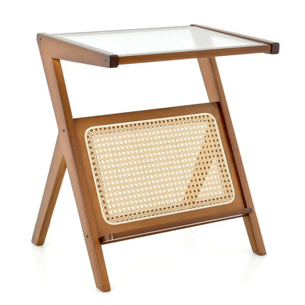 Boho End Table with Magazine Rack and Tempered Glass Top-Walnut - Walnut - End & Side Tables
