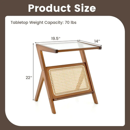 Boho End Table with Magazine Rack and Tempered Glass Top-Walnut - Walnut - End & Side Tables