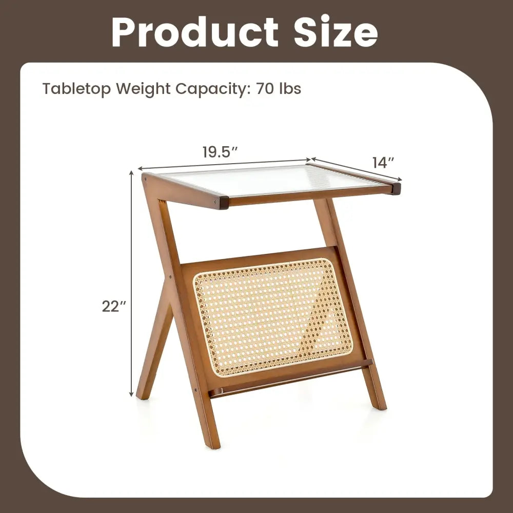 Boho End Table with Magazine Rack and Tempered Glass Top-Walnut - Walnut - End & Side Tables