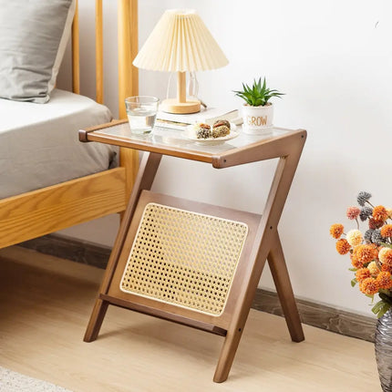 Boho End Table with Magazine Rack and Tempered Glass Top-Walnut - Walnut - End & Side Tables