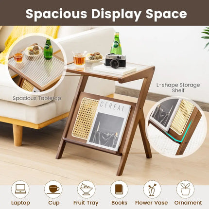 Boho End Table with Magazine Rack and Tempered Glass Top-Walnut - Walnut - End & Side Tables