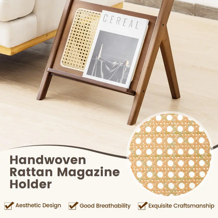Boho End Table with Magazine Rack and Tempered Glass Top-Walnut - Walnut - End & Side Tables