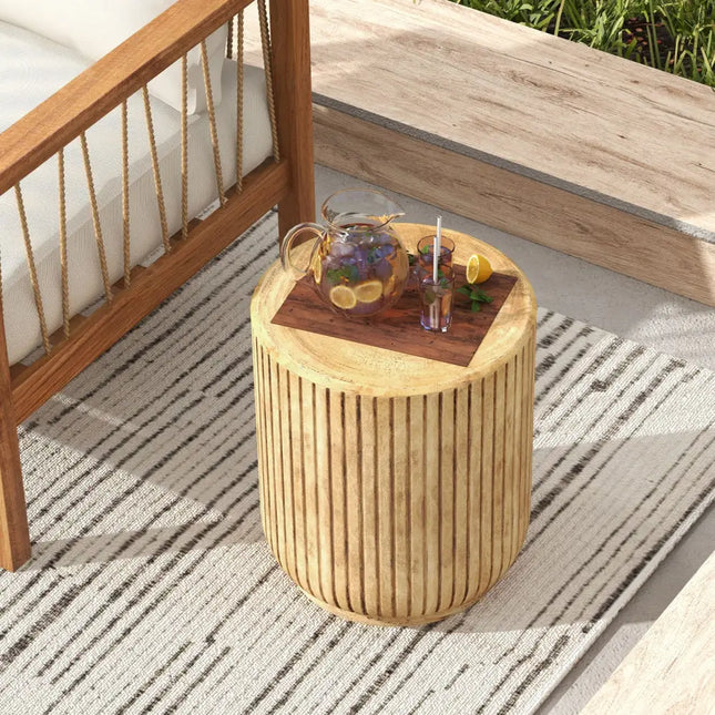 Boho Hourglass-shaped Outdoor Side Table with Wood Grain - Natural - Patio Tables