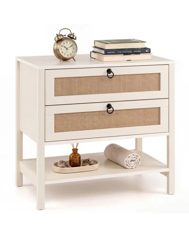 Boho Rattan Nightstand with 2 Drawers and Bottom Open Shelf-White - White - Nightstands