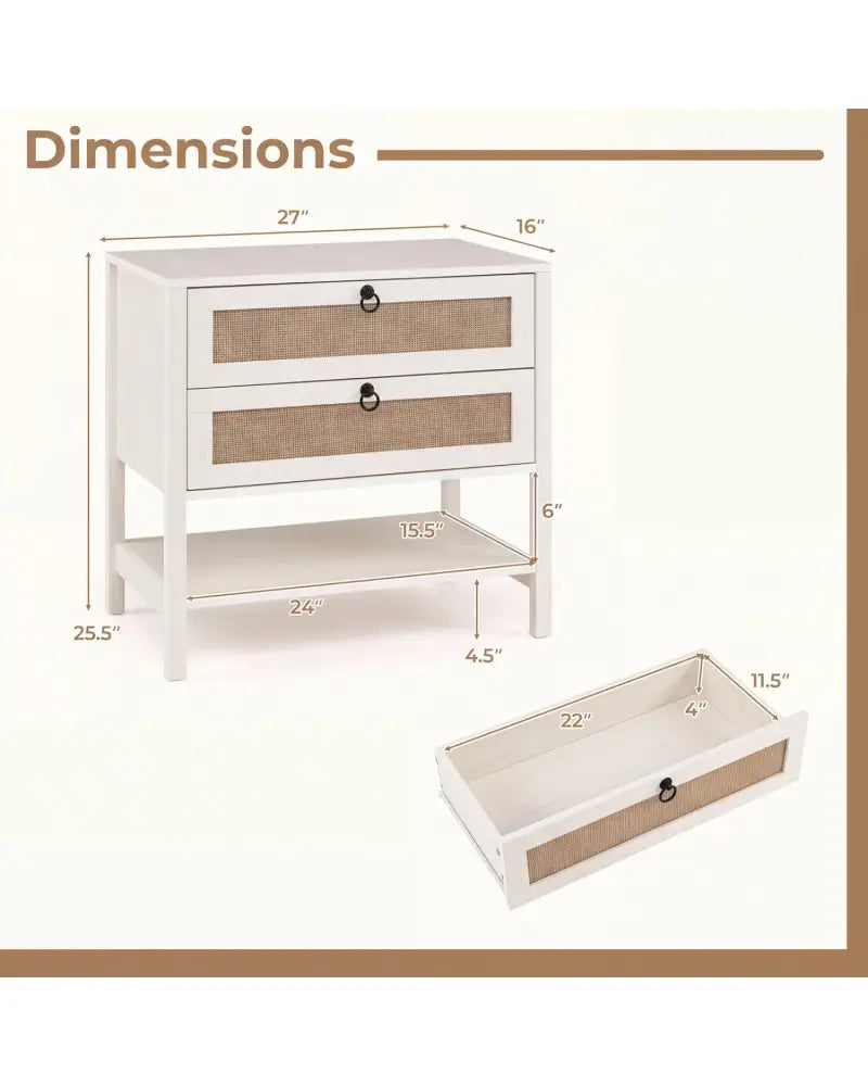 Boho Rattan Nightstand with 2 Drawers and Bottom Open Shelf-White - White - Nightstands