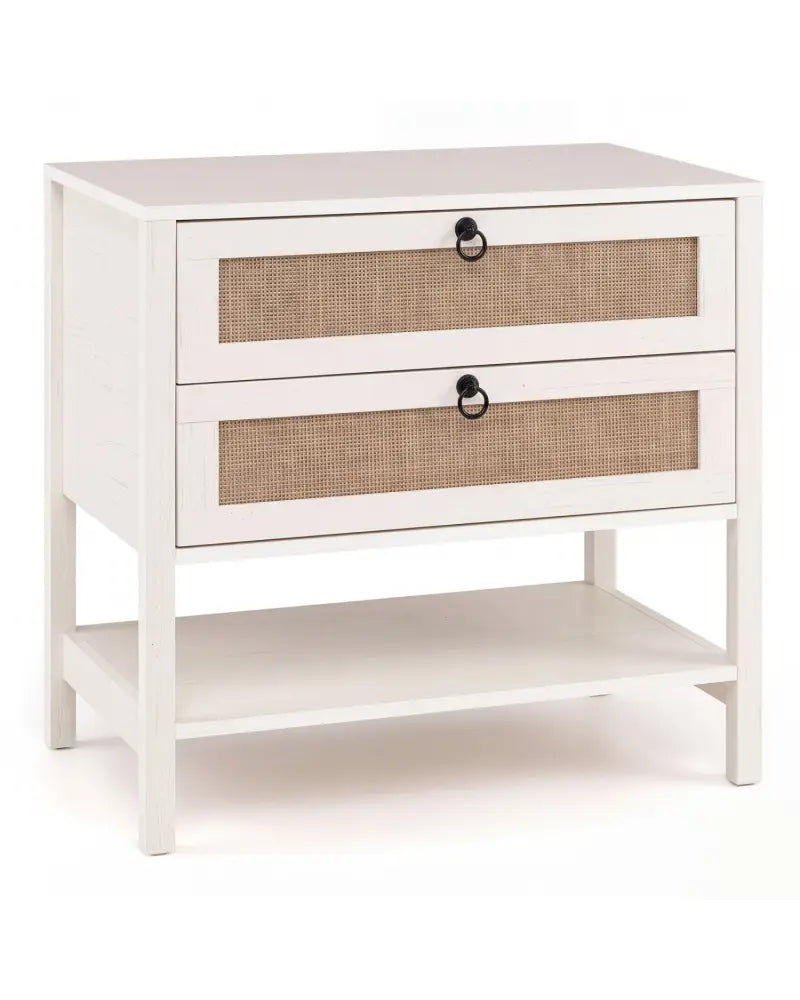 Boho Rattan Nightstand with 2 Drawers and Bottom Open Shelf-White - White - Nightstands