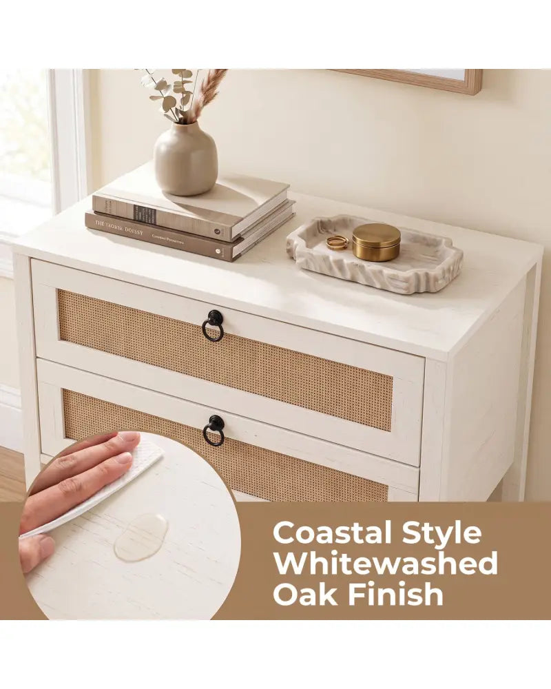 Boho Rattan Nightstand with 2 Drawers and Bottom Open Shelf-White - White - Nightstands