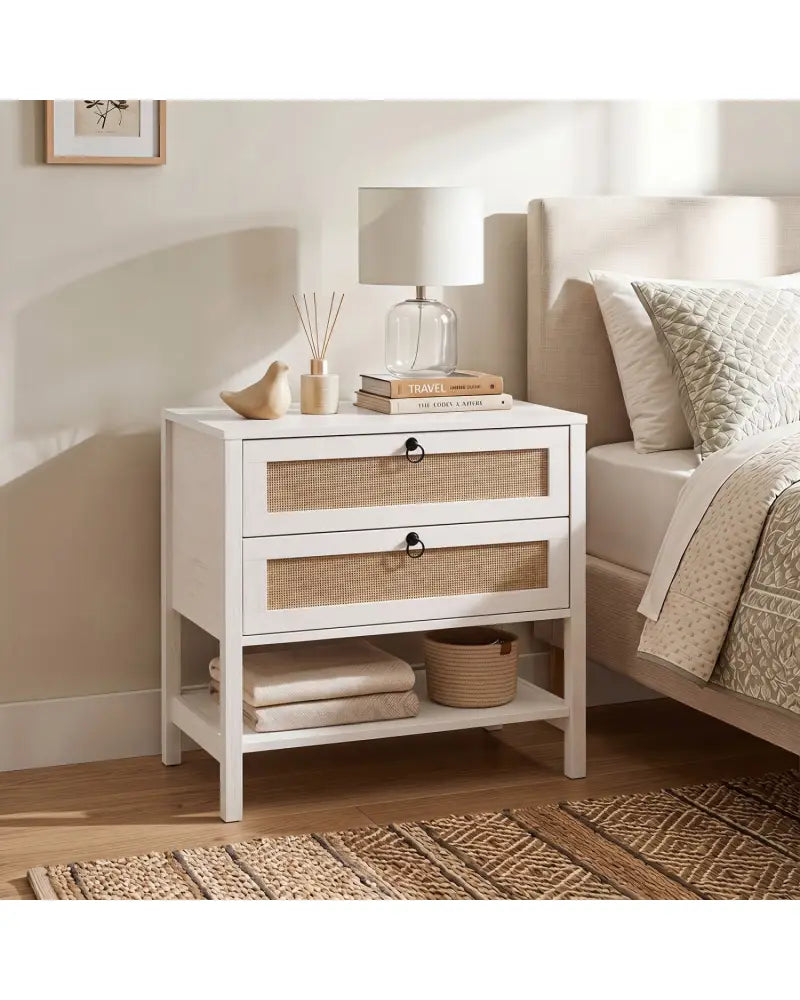 Boho Rattan Nightstand with 2 Drawers and Bottom Open Shelf-White - White - Nightstands