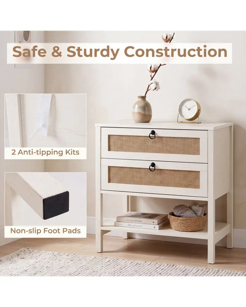 Boho Rattan Nightstand with 2 Drawers and Bottom Open Shelf-White - White - Nightstands